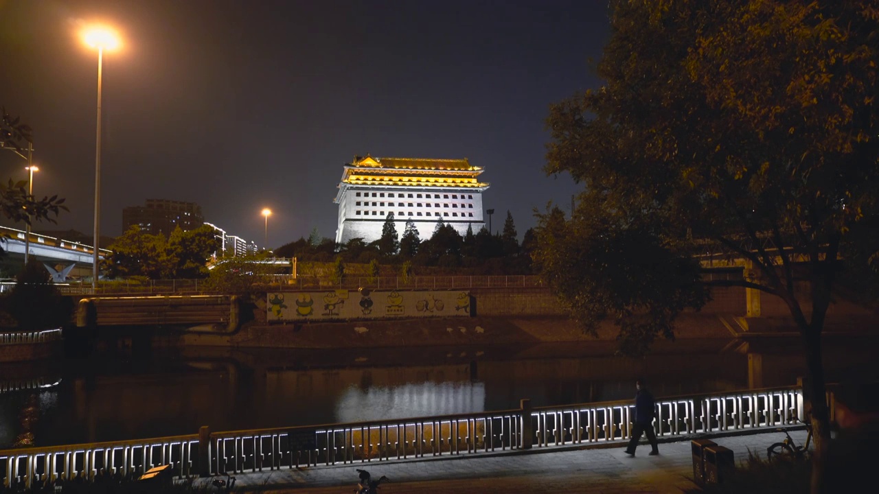 北京城 内城东南角楼 东便门 城楼 明城墙 夜景 护城河 倒影视频素材