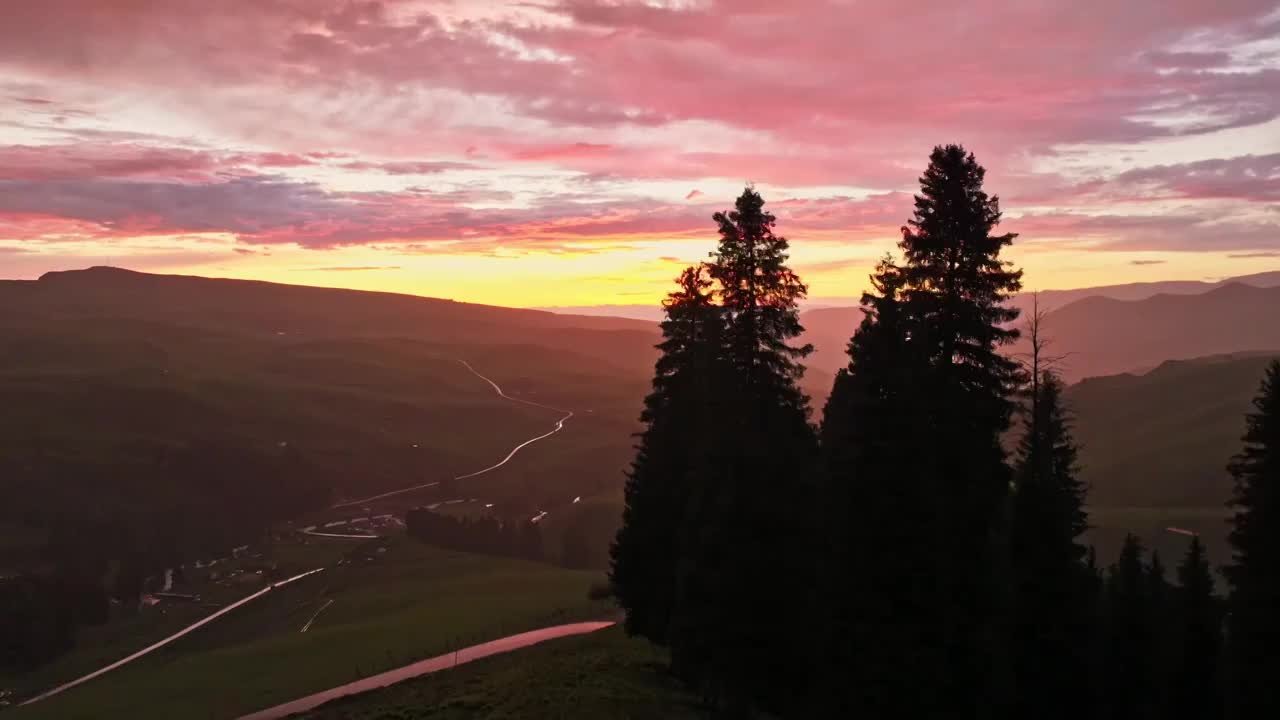 草原唯美夕阳晚霞航拍视频素材