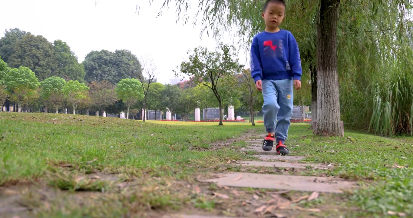 人像休闲：小男孩在公园草地小径散步视频素材