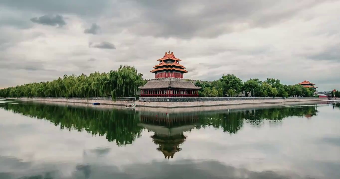 北京故宫角楼护城河延时云建筑天空宣传片史诗大气震撼古建筑中国文化历史阁楼宫殿倒影紫禁城树水面古代国潮视频素材