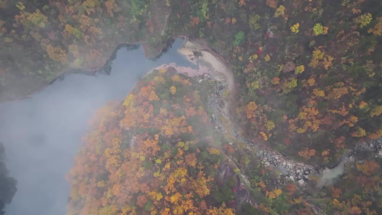 秋季雨后山谷皑皑浓雾河流湖泊视频素材