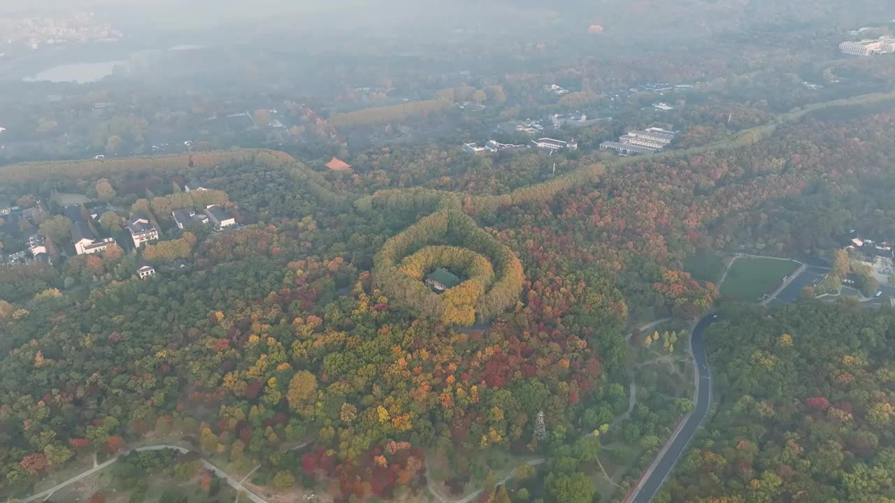 航拍日出晨雾中的南京地标美龄宫视频素材