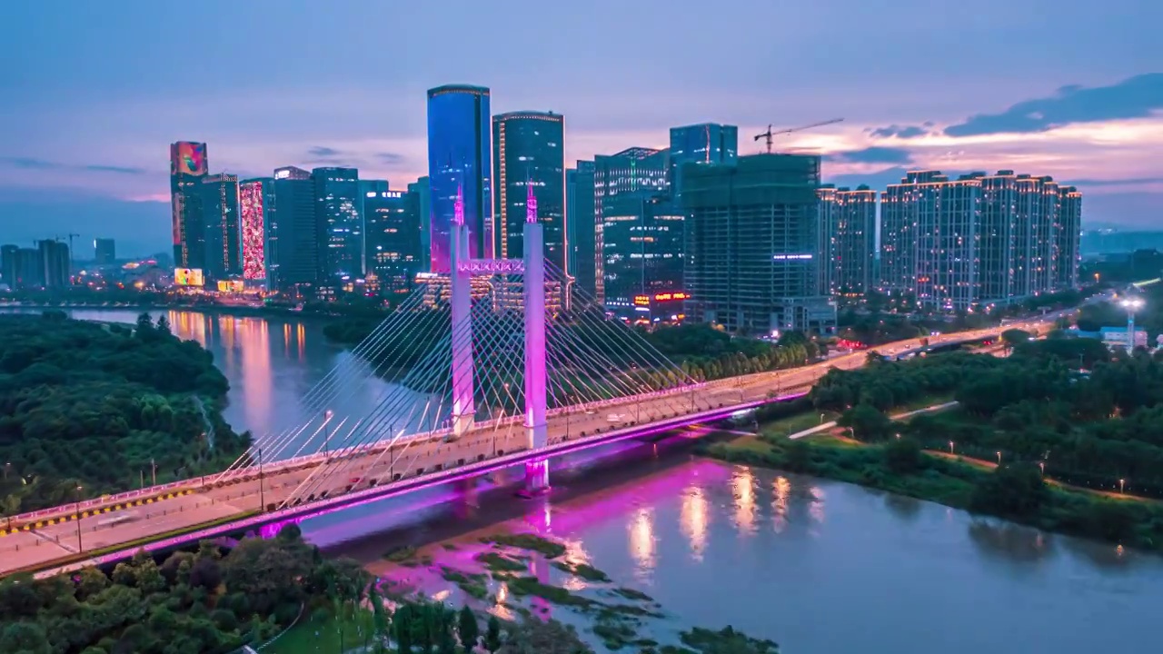 浙江义乌城市地标夜景车流航拍延时摄影视频素材