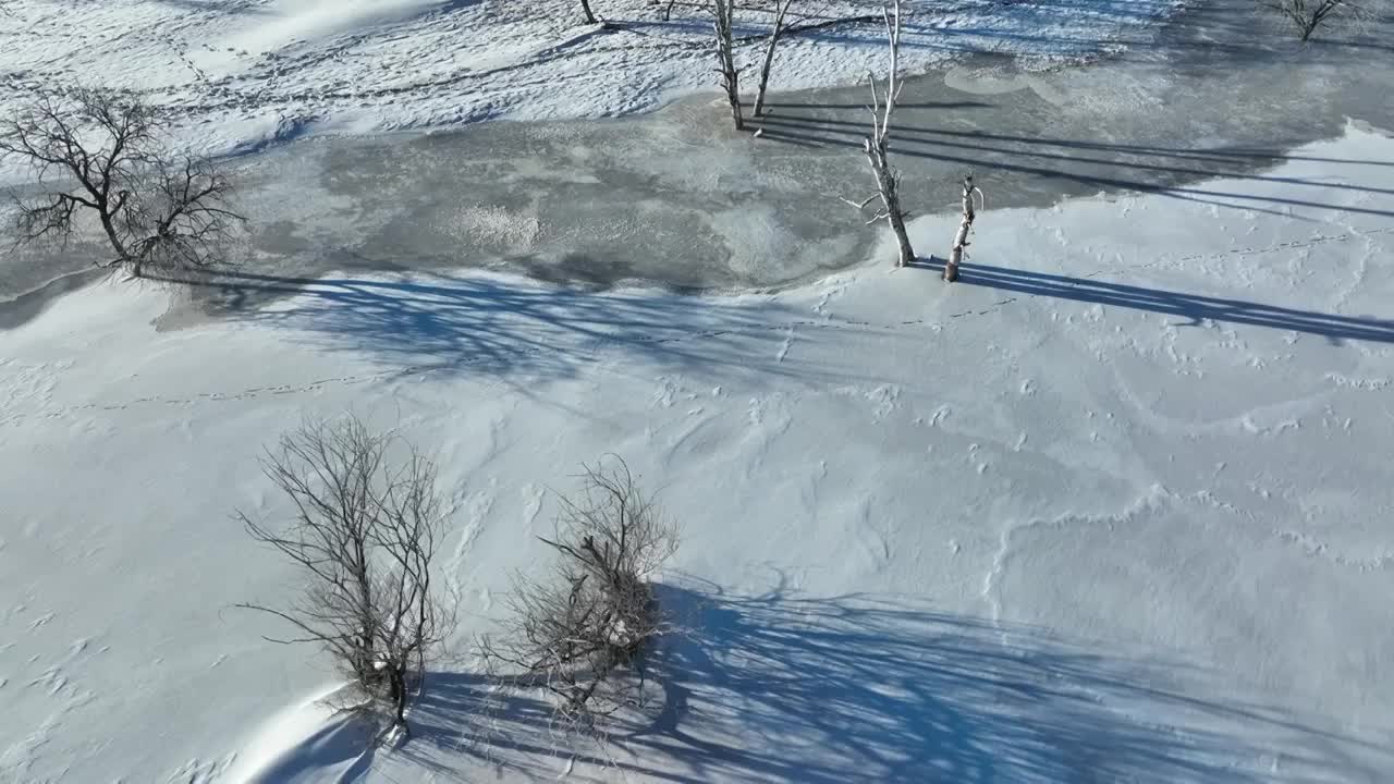 冬季冰封的河流雾凇雪景航拍视频素材