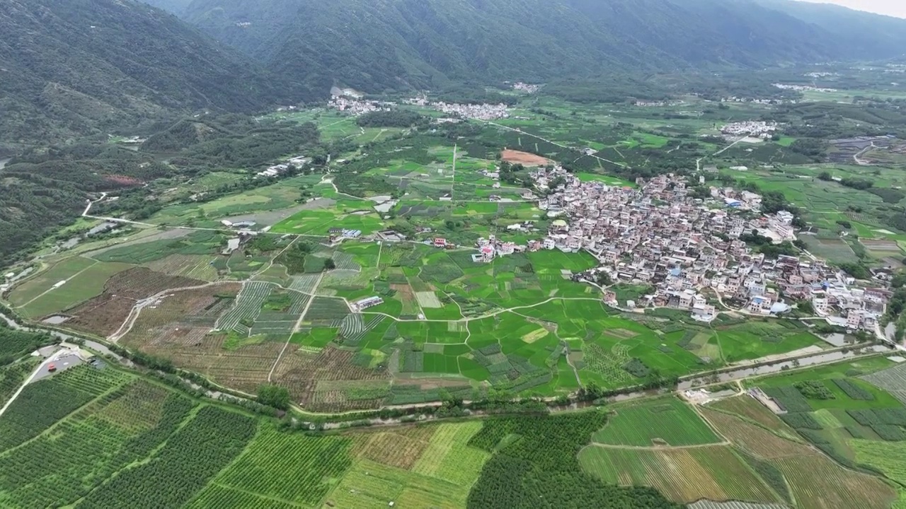 航拍山谷间中国传统村落，春天，稻田里是绿油油的稻苗视频下载