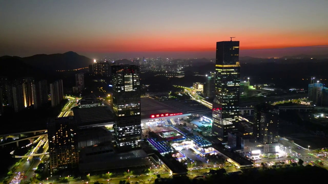 深圳北站夜景夕阳航拍视频素材