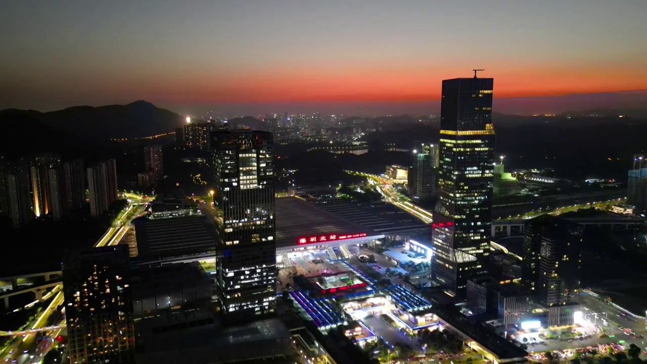 深圳北站夜景夕阳航拍视频素材