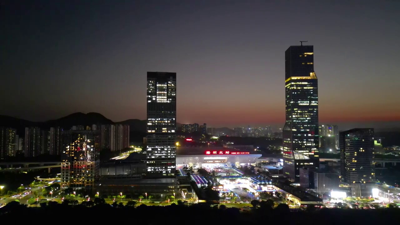 深圳北站夜景夕阳航拍视频素材