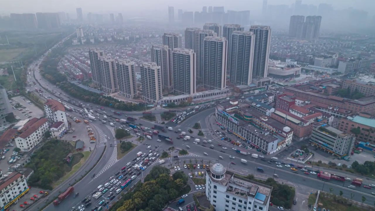 浙江义乌青口城市交通车流航拍延时摄影视频素材