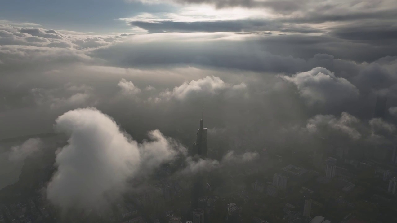 航拍云海下的南京地标紫峰大厦视频素材