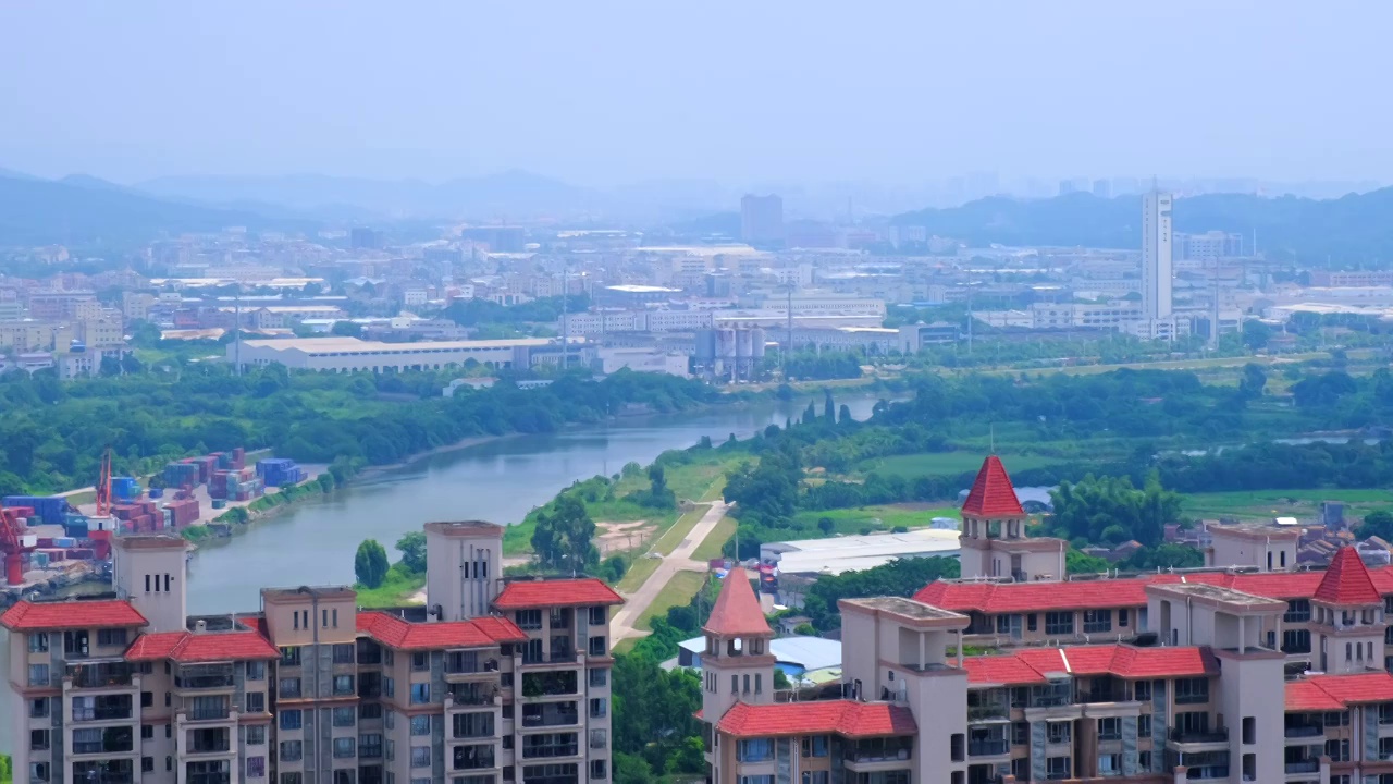 广州花都城市住宅高楼建筑与河流景观视频素材