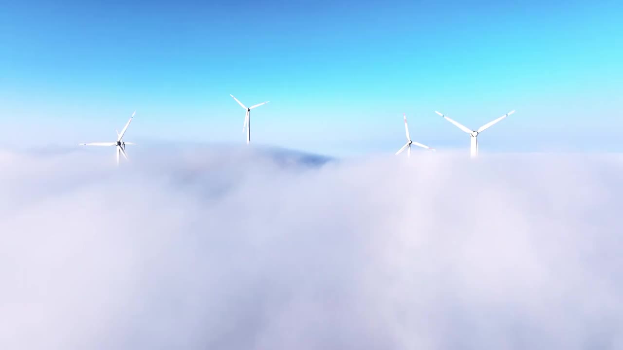 高视角航拍高山顶上的风力发电风车和山间的云海视频素材