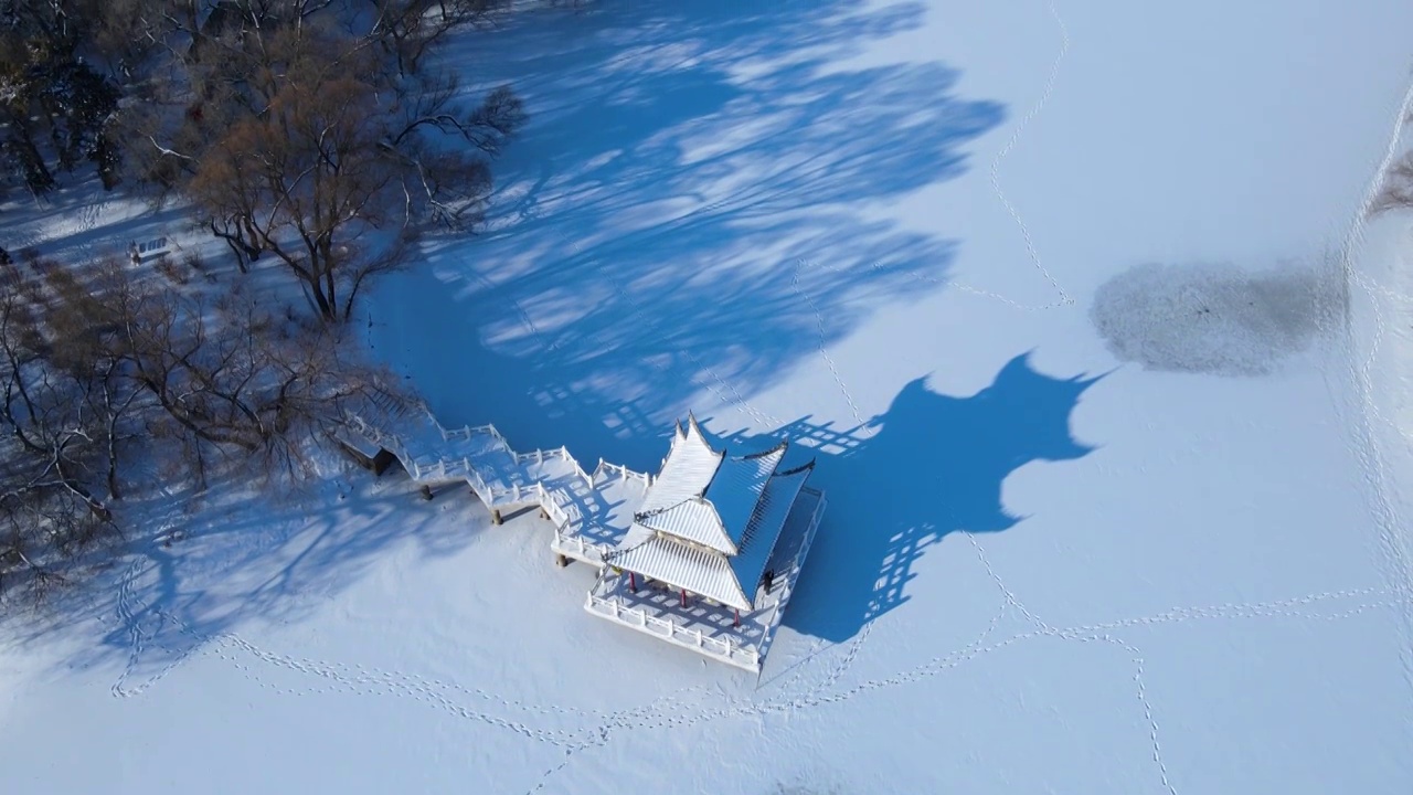 黑龙江省齐齐哈尔市龙沙公园碧云阁雪景鸟瞰，航拍雪后古典建筑视频素材