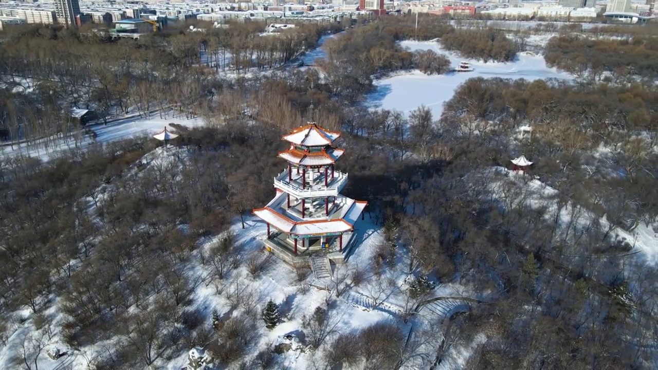 黑龙江省齐齐哈尔市龙沙公园天远阁雪景航拍视频素材