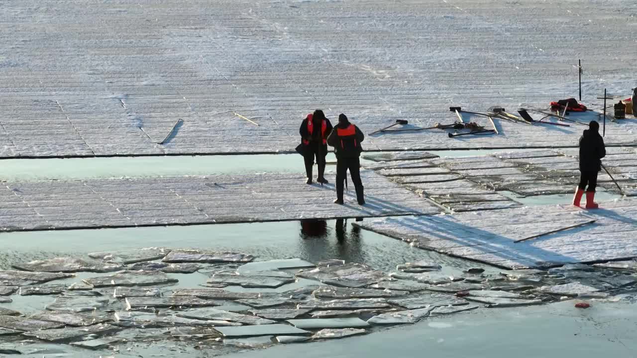 4K哈尔滨冬季松花江采冰冰雪大世界建设（合集）视频素材