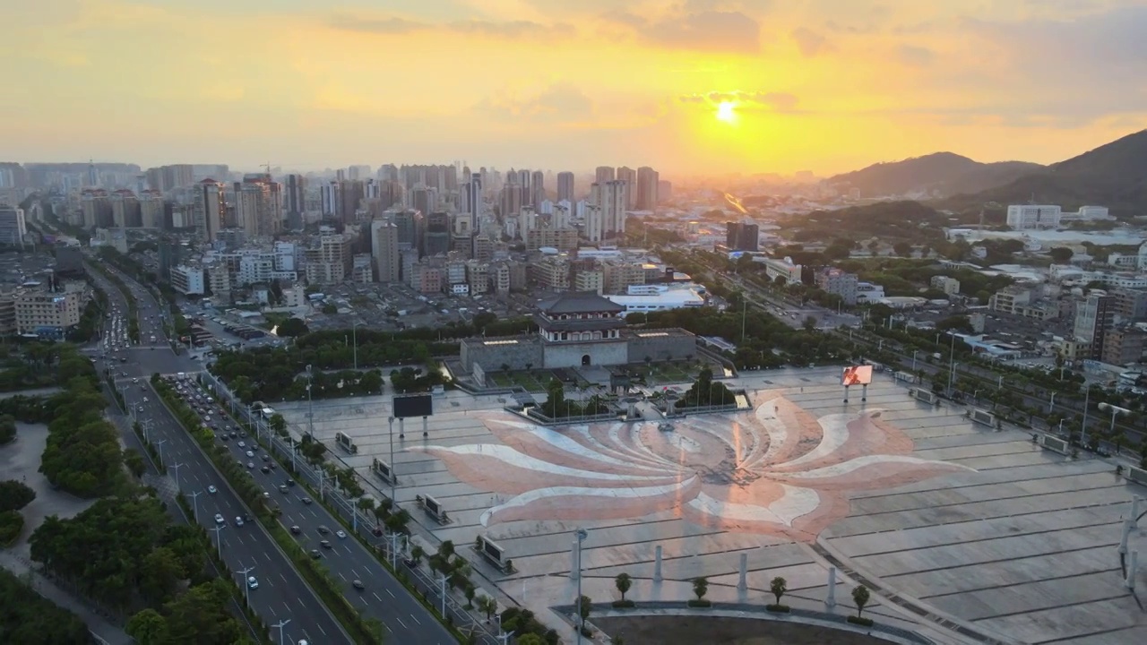 揭阳楼日落揭阳市落日航拍揭阳楼广场城市市区广场视频下载