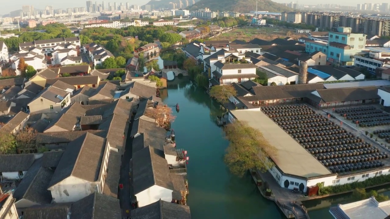 江南水乡安昌古镇河道古街航拍视频素材