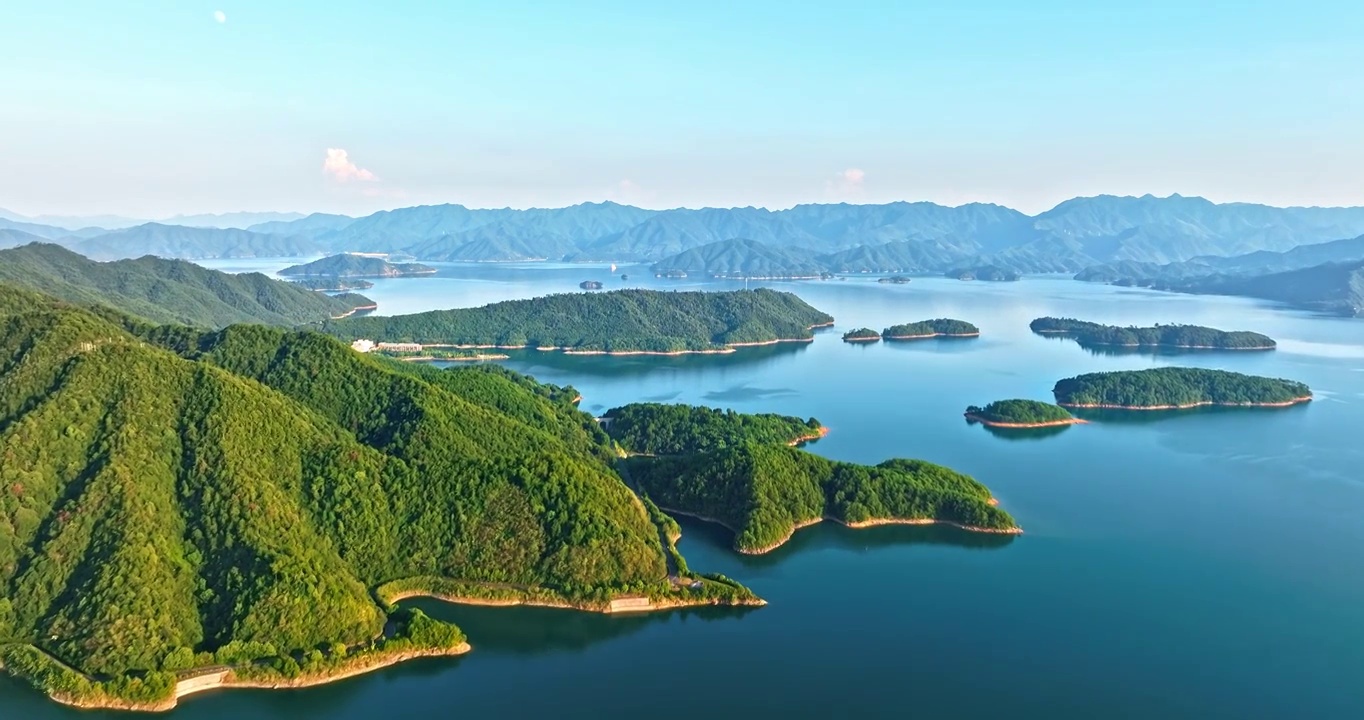 航拍中国杭州千岛湖山脉湖泊自然风光视频素材