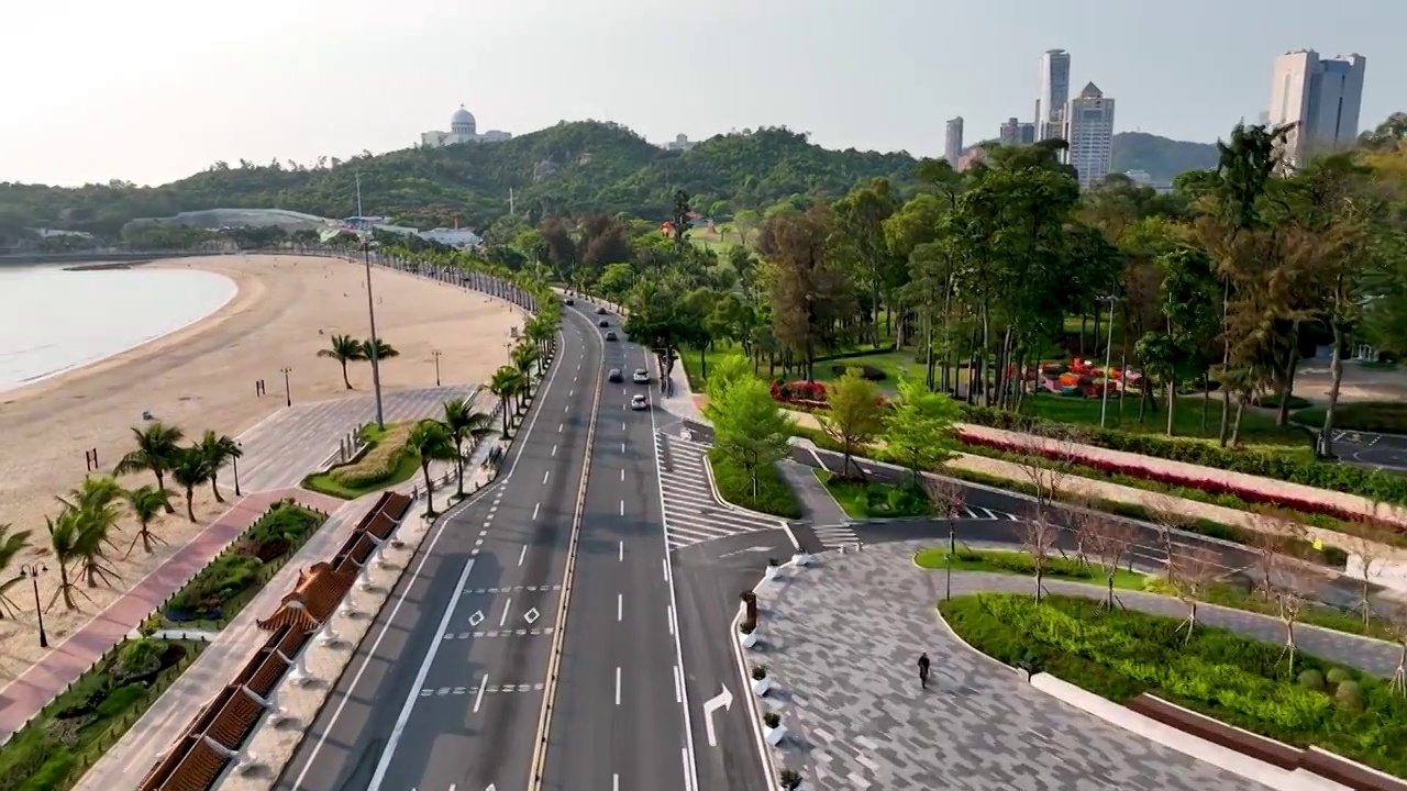 航拍空中鸟瞰珠海海边城市市民游客休闲度假旅游打卡景观海滩视频素材