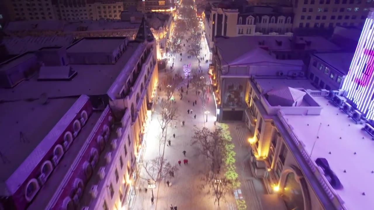 哈尔滨中央大街夜晚雪景航拍视频素材画面2
