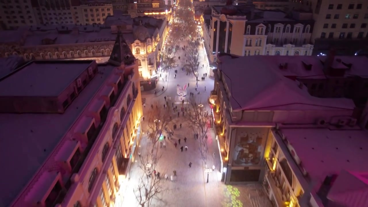 哈尔滨中央大街夜晚雪景航拍视频素材画面3