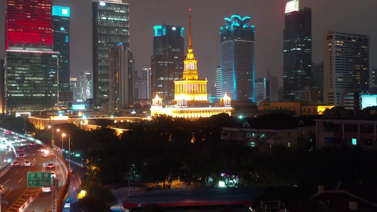 航拍上海中苏友好大厦夜景视频素材