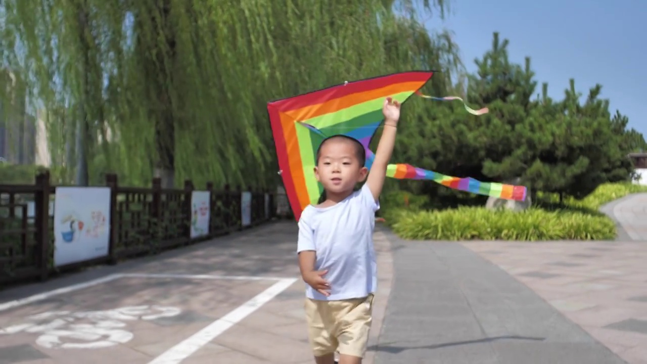 中国小朋友在公园树林中放风筝视频素材画面4