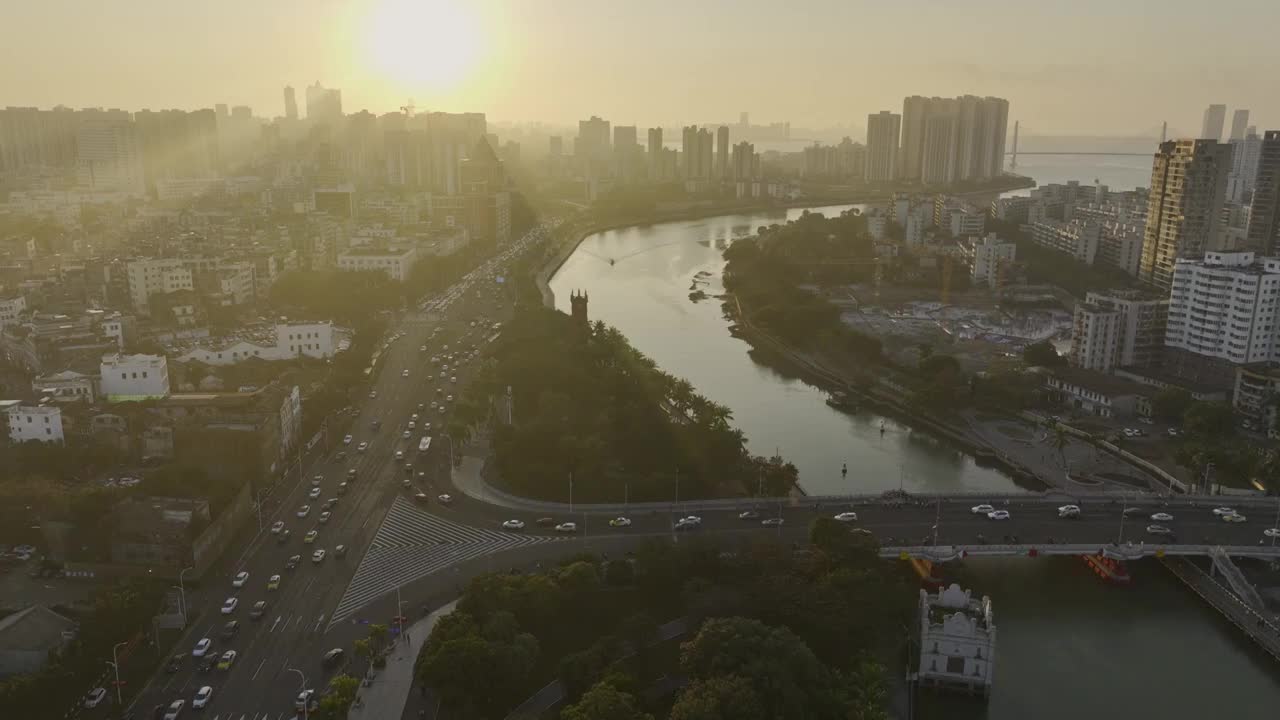 航拍海口海甸河落日余晖视频素材