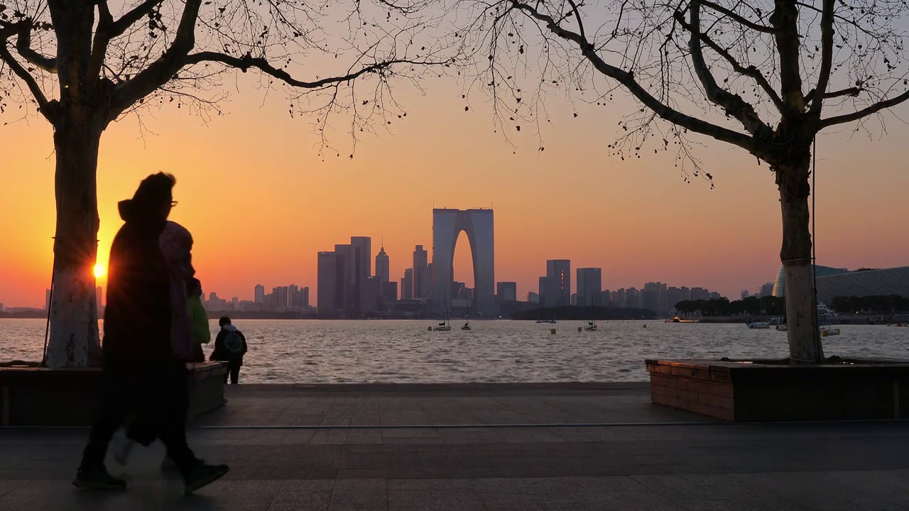 苏州园区金鸡湖日落与夜色视频素材