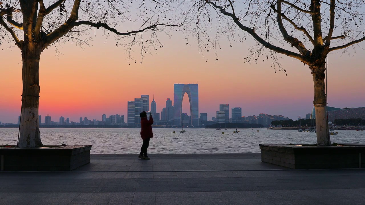 苏州园区金鸡湖日落与夜色视频素材