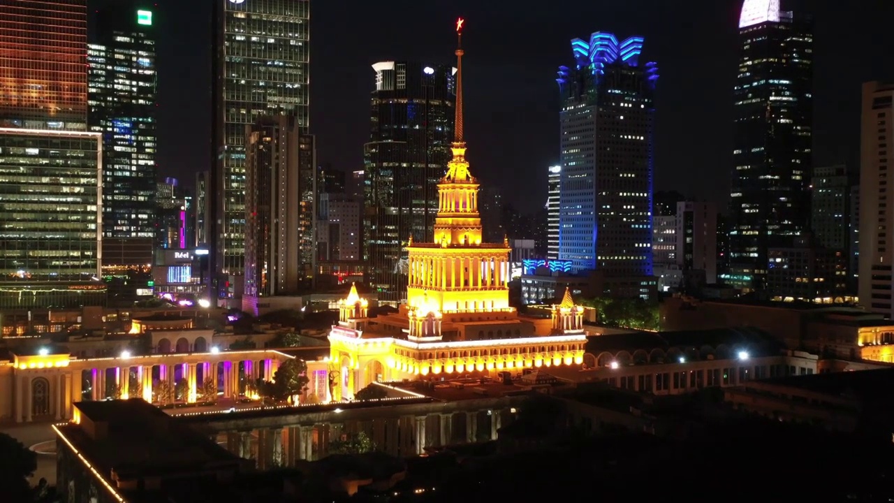 航拍上海静安区会展中心夜景视频素材