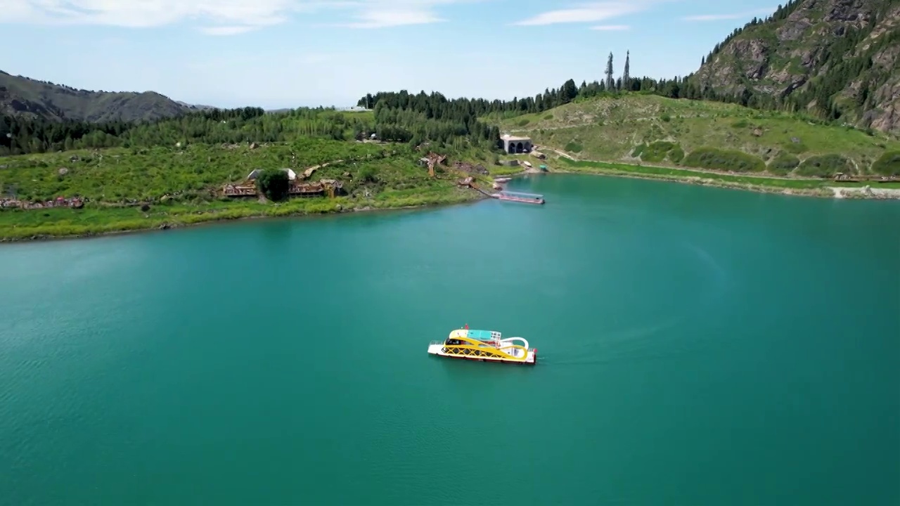 新疆天山天池淡水湖夏季自然风光航拍视频素材