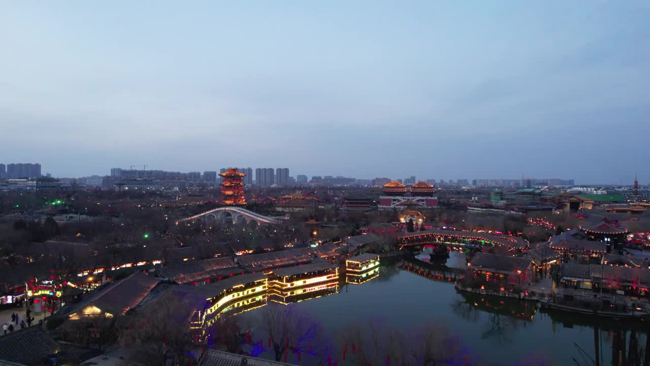 航拍中国河南开封清明上河园夜景城市风光视频素材