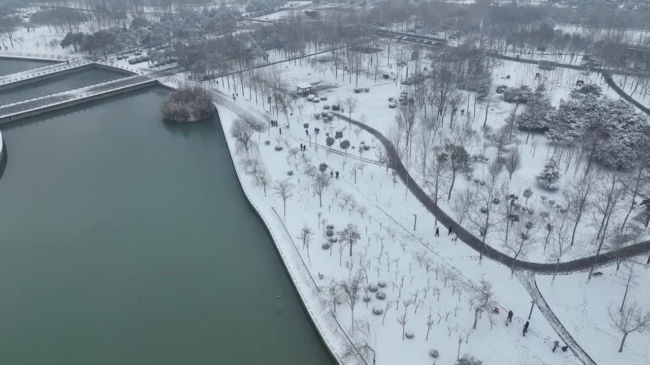 焦作市龙源湖公园，雪后景观。视频素材