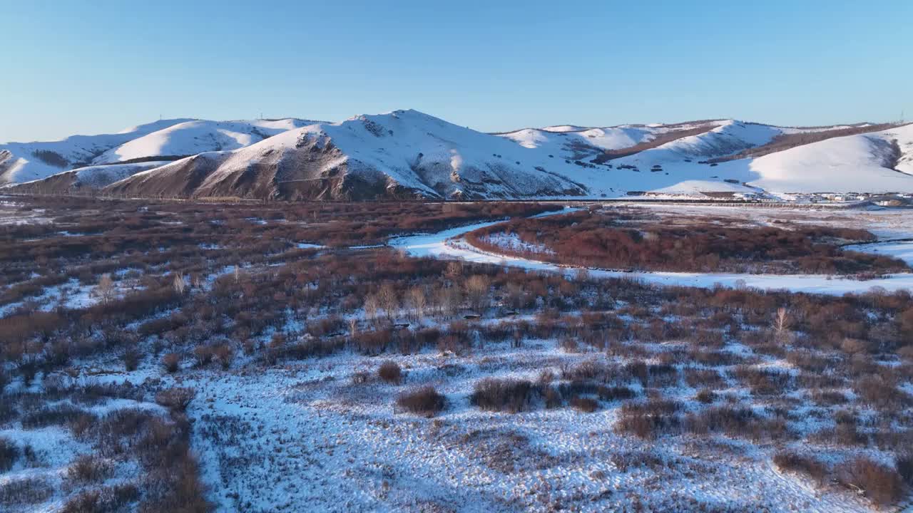 航拍呼伦贝尔雪原河流视频素材