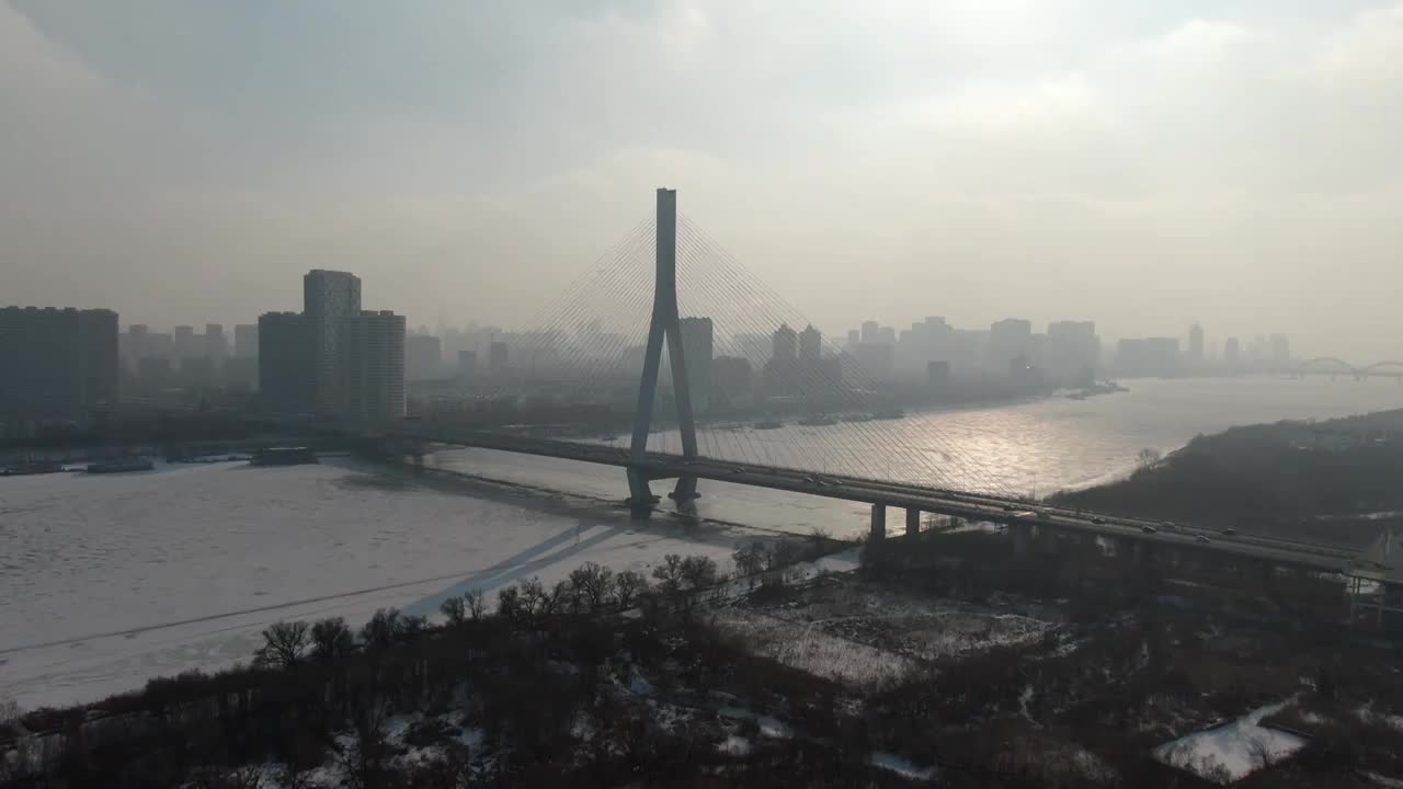 松浦大桥 冰面 松花江视频素材