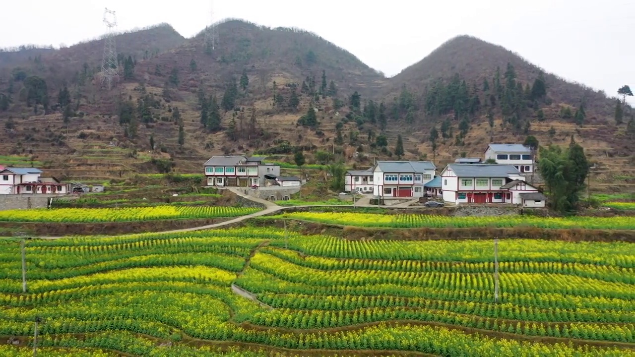 贵州苟坝会议和高速公路乡村油菜花航拍视频素材