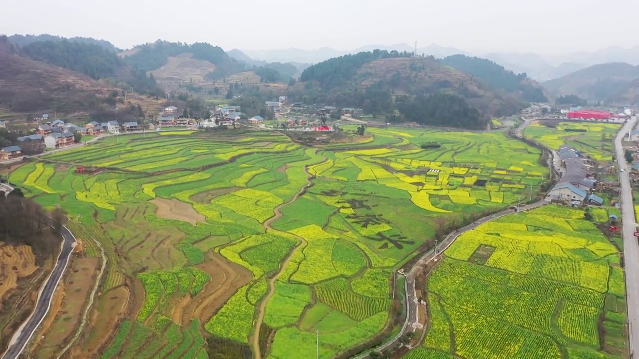 贵州苟坝会议和高速公路乡村油菜花航拍视频素材