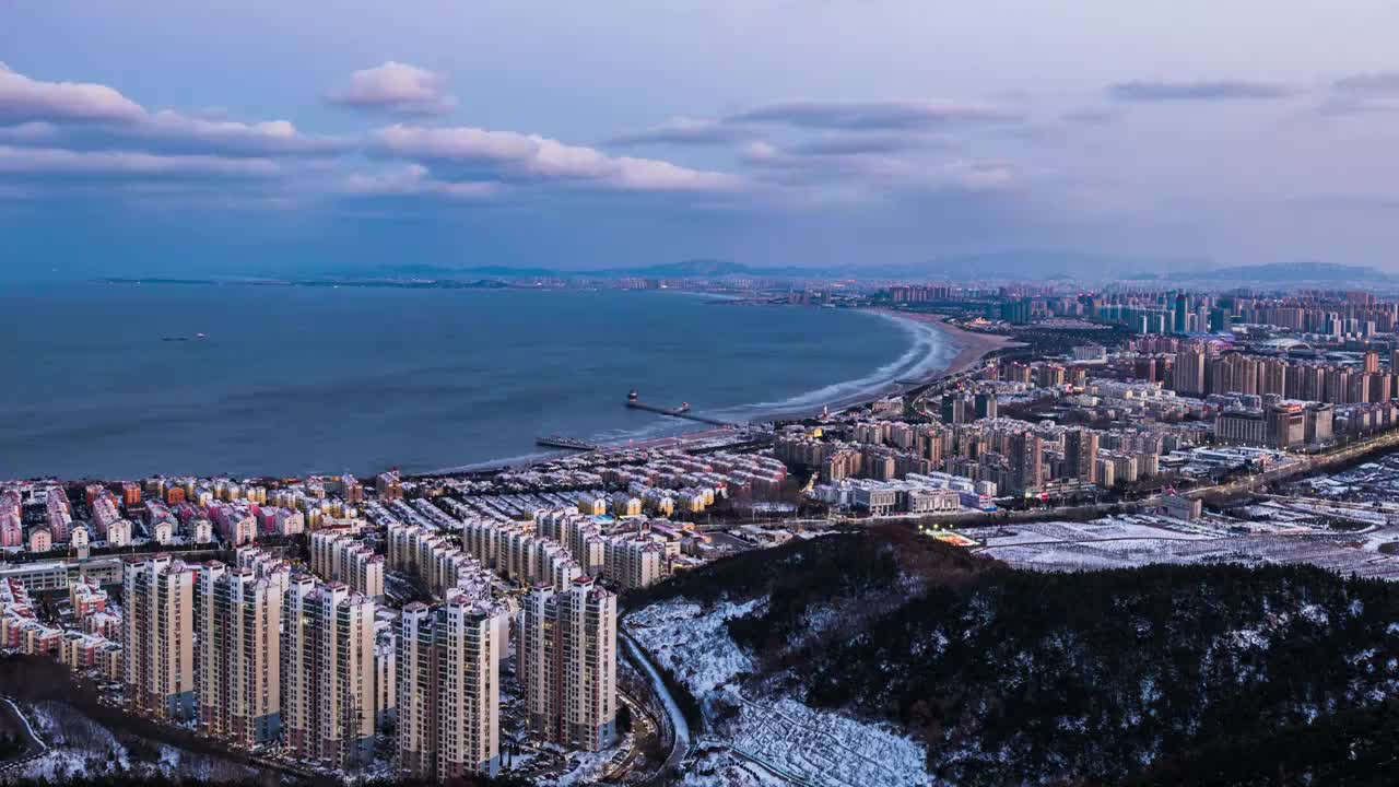 山东烟台莱山区雪天全景黄昏视频下载