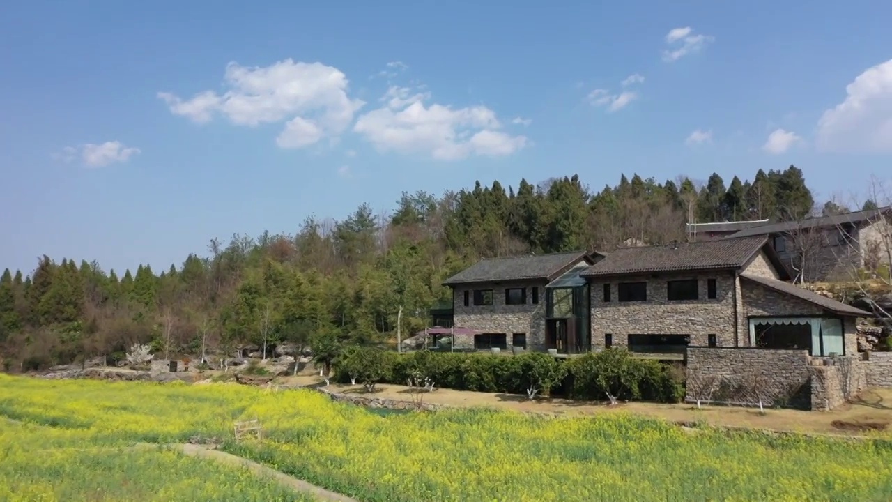 湖北宜昌夷陵区分乡镇南岔湾村，农家石屋与田园油菜花交相辉映视频素材