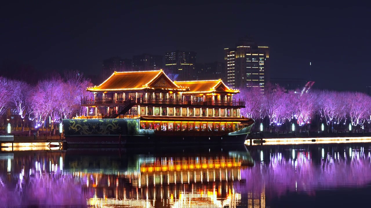 北京通州运河文化广场夜景，运河龙舫视频素材