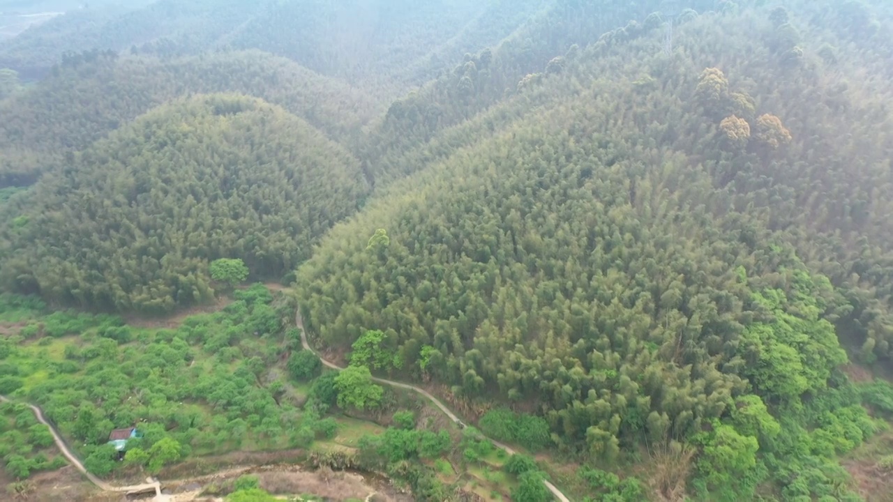 航拍阴雨天气乡村小镇由远而近大山环抱原生态林区绿化山林开垦乡村振兴三农开发林场竹林溪水小路树木小村庄视频素材