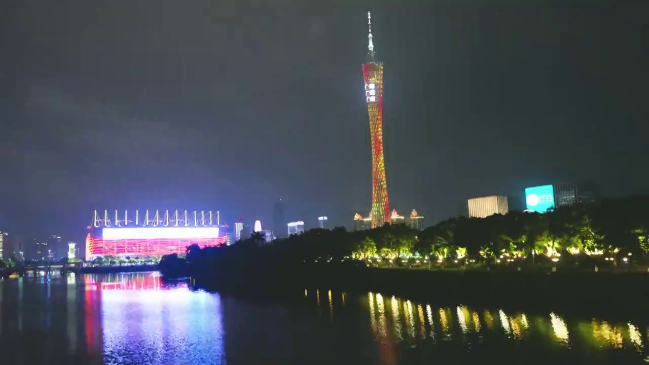 夜景延时拍摄广州天河繁华闹市珠江新城建筑群东塔西塔密集商业办公楼房海心沙体育馆广州塔改革开放地标建筑视频素材