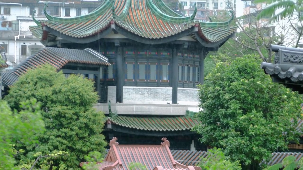 下雨天古城里亭台楼阁被雨水冲刷着树木叶子滴着水珠雨水沥沥下烟雨迷蒙春天谷雨时节龙舟水南方暴雨降水季节视频素材