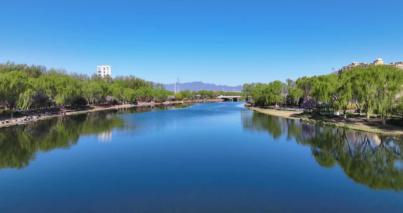 航拍空中鸟瞰春天公园湖两岸的风景视频素材