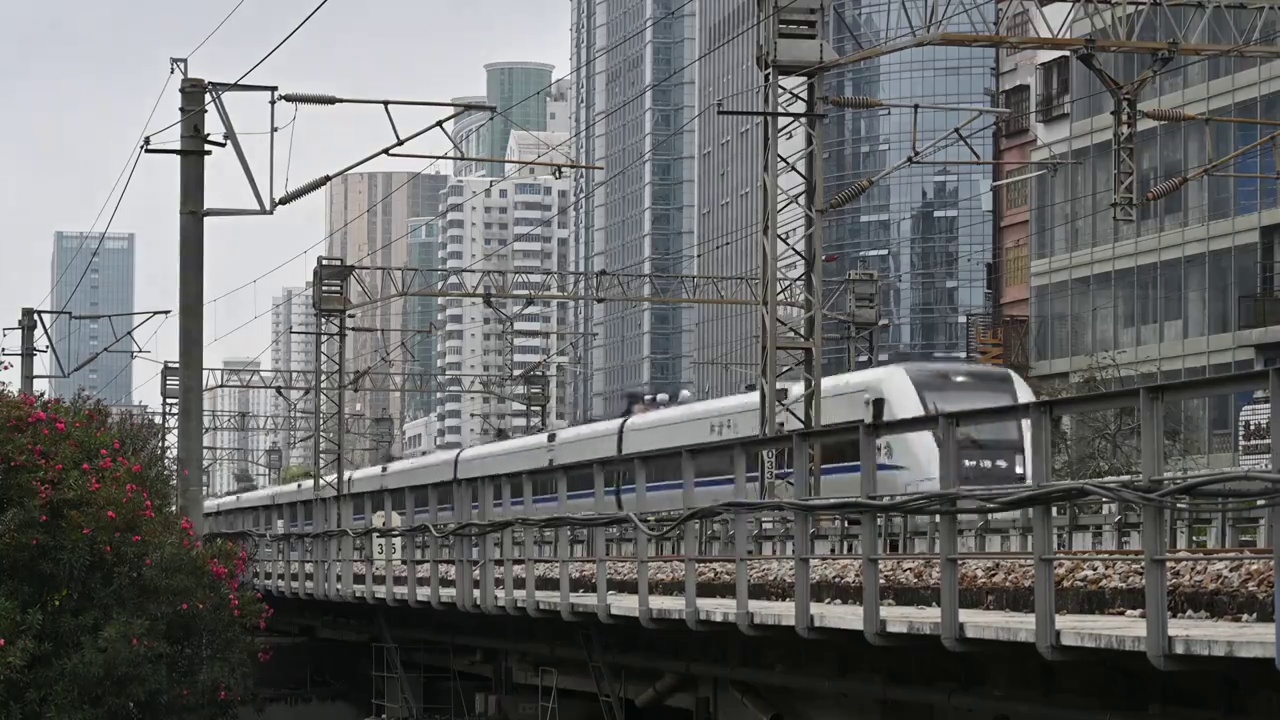 穿过深圳东门老街市区的和谐号动车视频素材