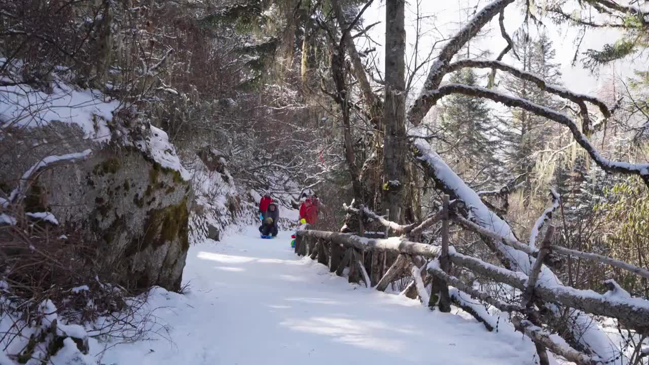 快乐小孩冬季毕棚沟滑雪玩耍视频素材