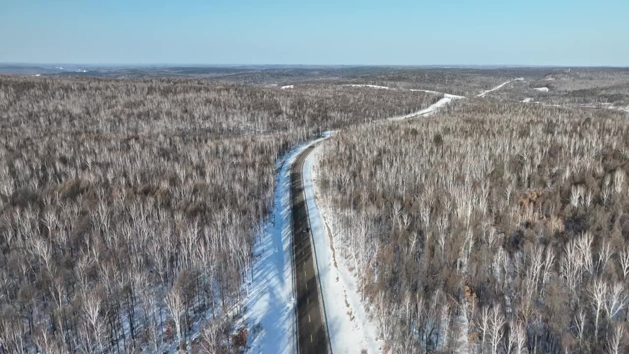 黑龙江大兴安岭雪原森林公路航拍景观视频素材