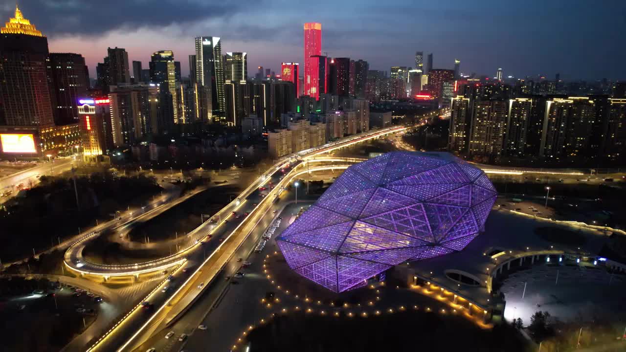 辽宁沈阳盛京大剧院城市夜景航拍风光视频素材