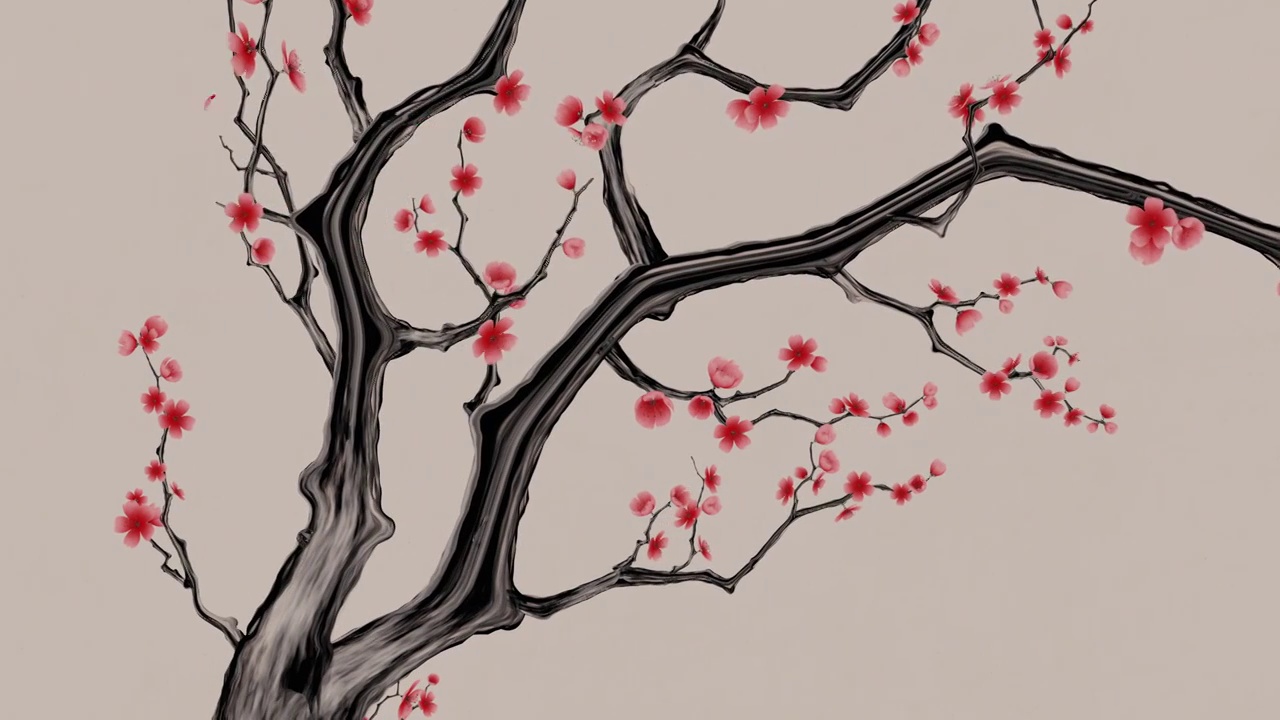 中国风水墨风格梅花与飘落的花瓣视频素材画面1